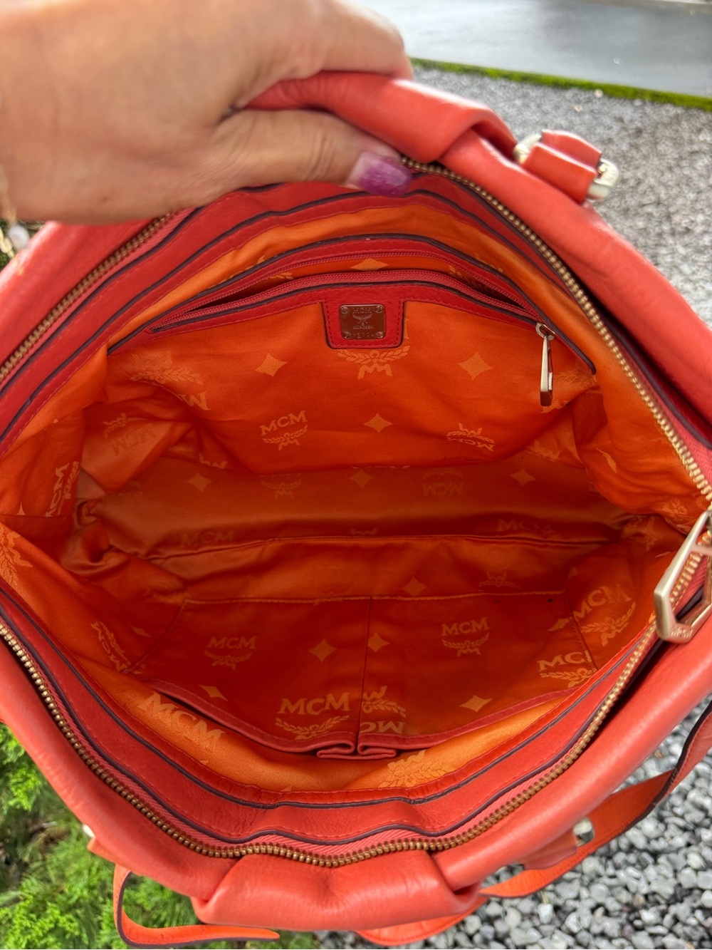 MCM Coral Red Embossed Leather Satchel Shoulder Bag Crossbody - Picture 9 of 12